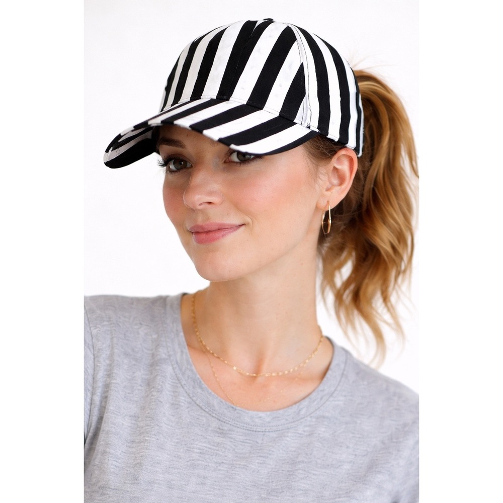 Referee Costume Hat Black White Striped Graphic Baseball Cap Athleisure Sz OS